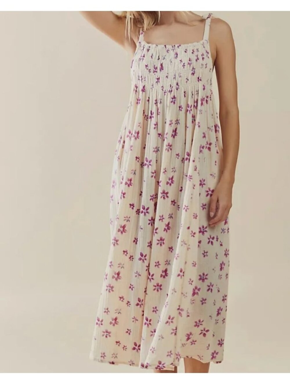 Free People Azure Midi Dress Floral Smocked Cotton Tie Strap Boho Sundress M - Picture 5 of 14